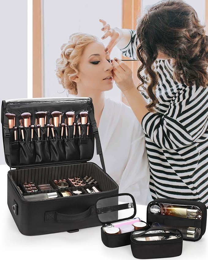 Relavel Large Makeup Case Professional Cosmetic Storage Organizer Box Brush Holder with 3 Clear Set Bags and Adjustable Dividers for Makeup Artists with Shoulder Strap