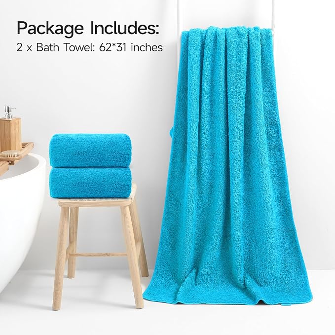 REDKISS 2 Piece Luxury Bath Towel Set - 31x62 inch Oversized Thick Bath Sheets, 100% Cotton, 900 GSM, Super Soft, Highly Absorbent, Quick Dry Large Shower Towels for Bathroom, Pool, Gym, Spa, Blue