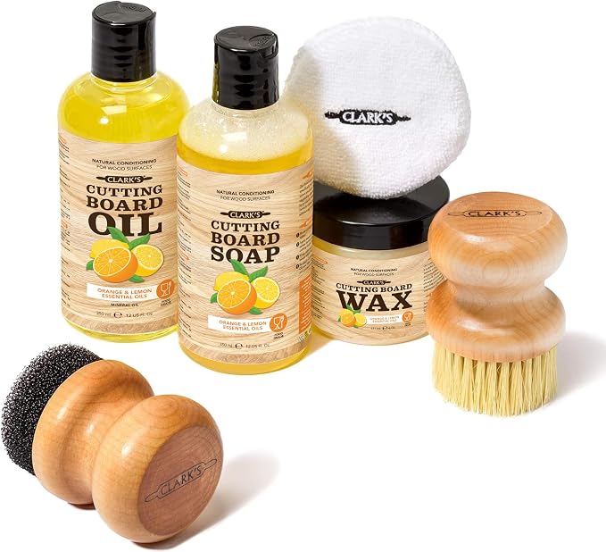 CLARK'S Food Grade Cutting Board Full Care Kit, Orange Lemon Scent - 6 Pack | Includes Food Grade Mineral Oil, Cutting Board Wax & Cleaner, Oil & Wax Applicators, Buffing Pads - Restores & Protects