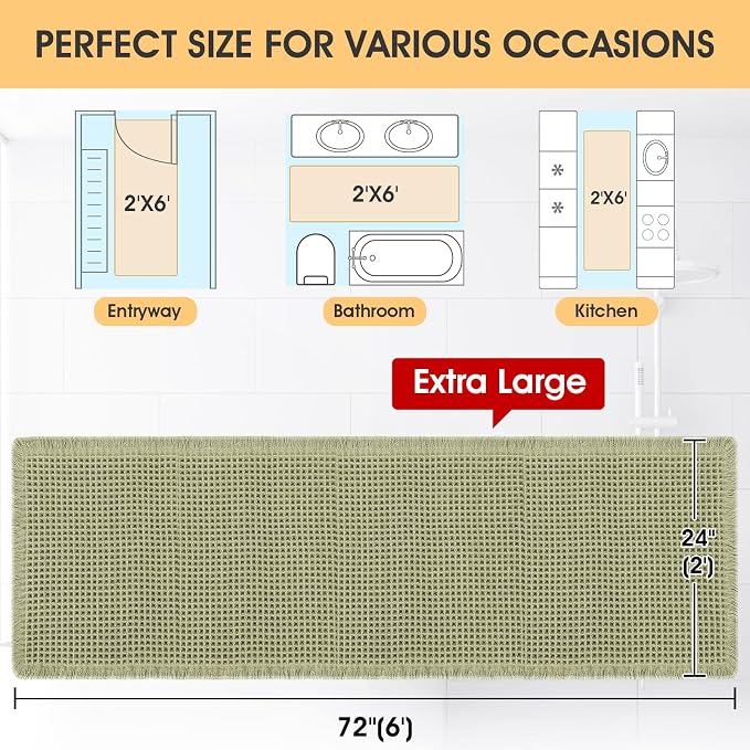 IM HOME Christmas Waffle Runner Rug Green 6'x2'(72" x 24"), Boho Woven Modern Bath Mat Rugs, Absorbent Non Slip Bathroom Rugs, Soft Washable Bath Rugs with Tassels for Bedroom, Kitchen, Shower, Tub