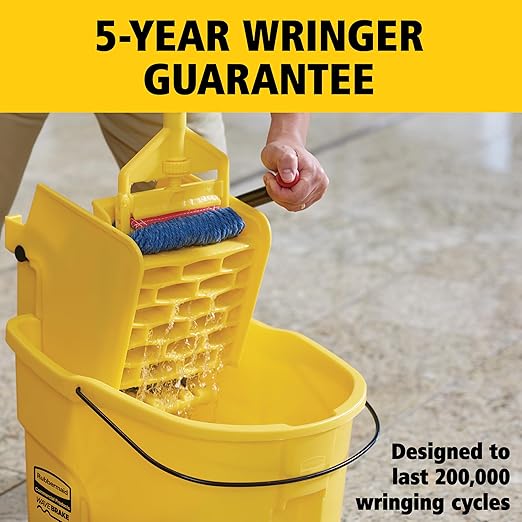 Rubbermaid Commercial Products WaveBrake 26 Qt. Side-Press Mop Bucket and Wringer Combo on Wheels, Yellow, for Professional/Industrial/Business Heavy-Duty Floor Cleaning/Mopping