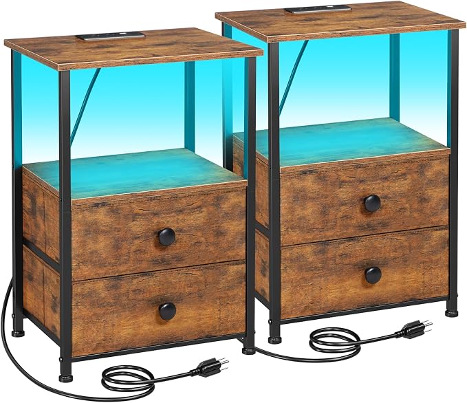 Nightstands Set of 2, LED Night Stand with Charging Station | Bedside Table with Type-C Outlets & 2 Fabric Drawers, End Tables with Storage Shelf for Bedroom, Small Spaces, Brown
