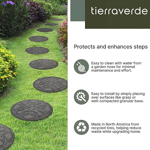 Tierra Verde Pendant Round Rubber Stepping Stones, Grey, 18 x 18 In, 4-Pack | Reversible 2-in-1 Design, Non-Slip Textured Surface, Impact-Absorbing, Easy Install, No Maintenance, for Walkways & Yards