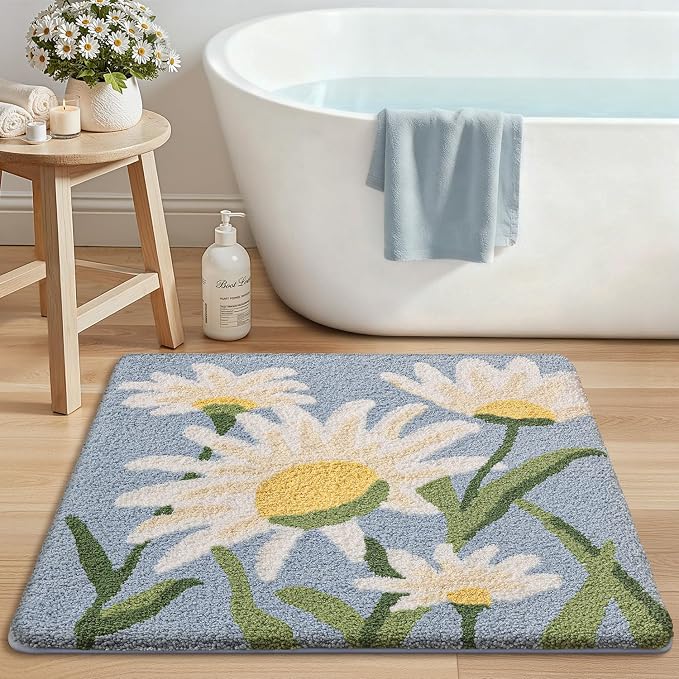 LUMI Bathroom Rugs Cute Daisy, Soft Absorbent Squarer Bath Mat Non-Slip, Machine Washable Quick Dry Blue Luxury Rug Flower for Kids Room, Bathtub, Home Decor, 26"x26"
