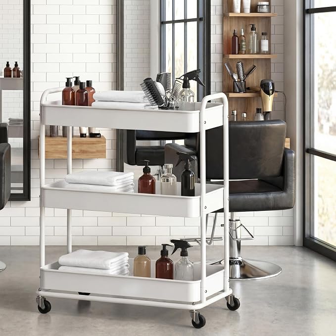 Simple Houseware 26" Extra-Wide 3-Tier Heavy Duty Metal Utility Cart, White | High-Capacity Rolling Cart Organizer for Spa, Salon, Office, and Home Storage