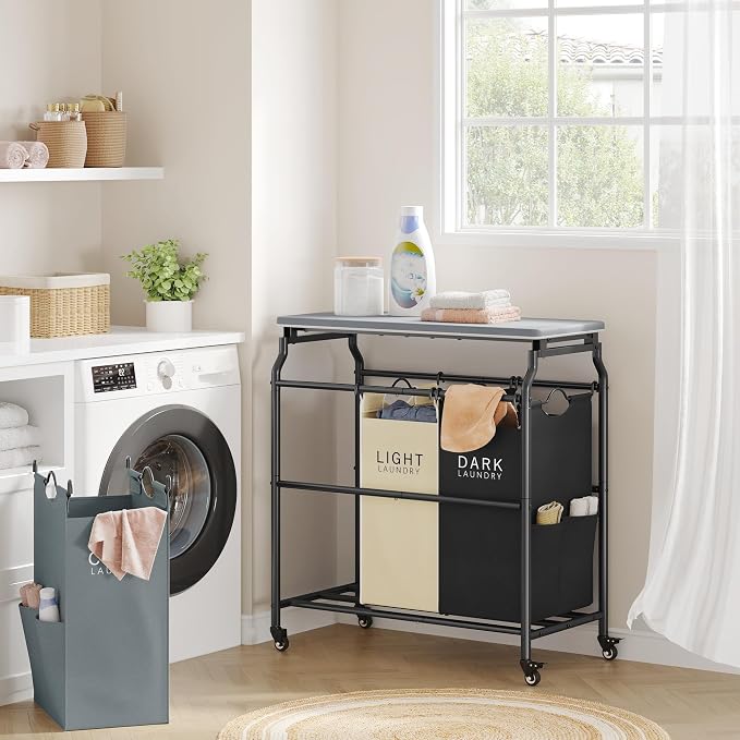 Hoctieon 3 Section Laundry Sorter with Iorning Board, Hamper with Wheels | Black+Gray+Beige,Lockable Wheels, Laundry Basket Organizer, Heavy Duty Clothes Separator, Removable Bags,Rolling Laundry Cart
