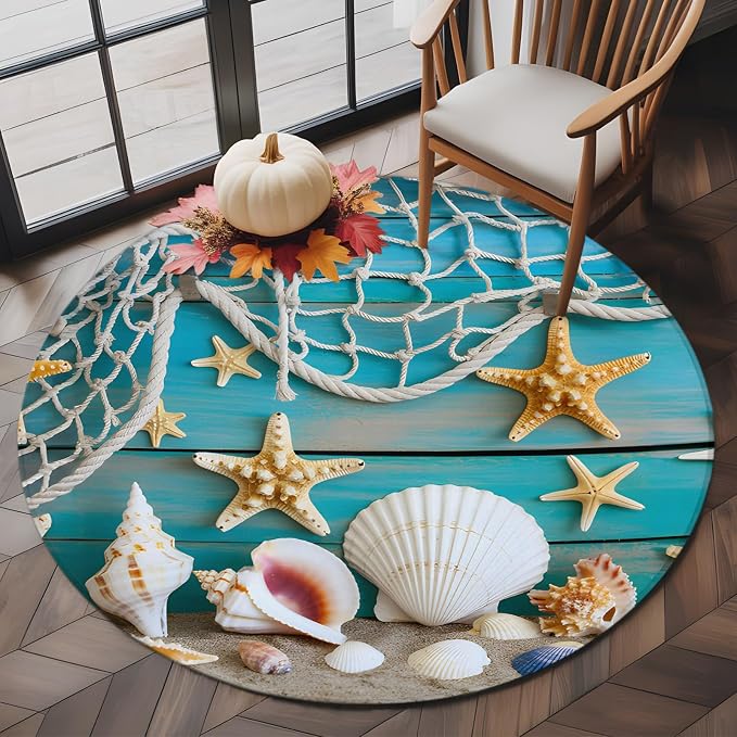 6 Ft Round Rug for Living Room, Beach Starfish Indoor Accent Rugs for Apartment, Ocean Conch Fishing Net Blue Wood Grain Decorative Circle Carpet Washable Low Pile Non Slip, Soft Rug for Bedroom