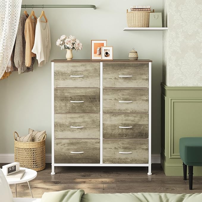 OLIXIS 8 Drawer Storage Dresser with Wood Top - Wide Fabric Chest Organizer for Bedroom, Closet, Living Room,Tower Cabinet, TV Stand, Hallway Entryway Furniture,Oak Greige