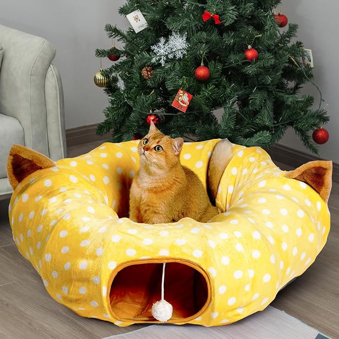 AUOON Cat Donut Tunnel with Bed for Kitten Puppy Rabbit Ferret, Yellow | 2-in-1 Interactive Cat Toy, with Hanging Ball Toy, Machine Washable Center Pad, 36"L x 36"W x 10.7"H