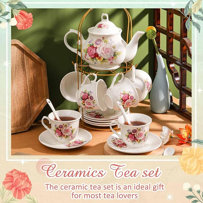 Zhehao 20 Pcs Porcelain Tea Set with Metal Holder and Spoon Adult Ceramic Tea Set European Flower Painting Teapot Cup Saucer Spoon for Women Mom Gift, Large Version (Modern Style)