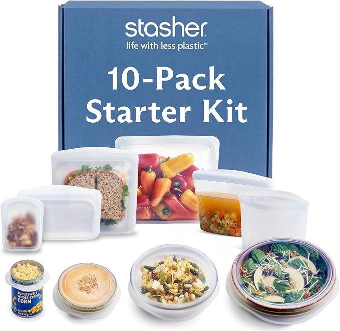 Stasher Reusable Silicone Bags and Stretch Lids, 10-Pack Starter Kit, Clear | Food-Safe Silicone, Eco-Friendly, Reusable Freezer Bags, Microwave, Dishwasher, Oven, Snack Bags, Lunch Containers, Meal Prep