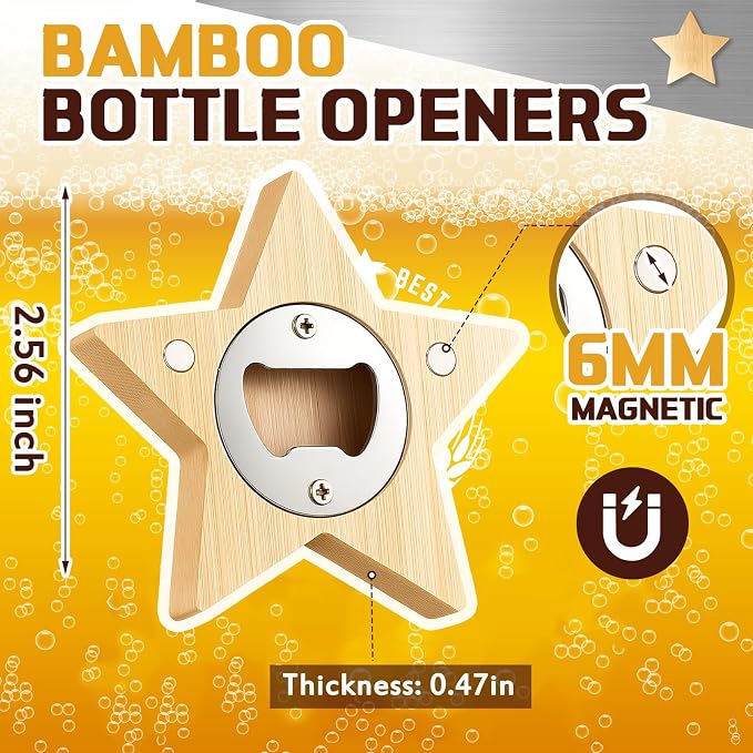 Vesici 24 Pcs Magnetic Bottle Opener 2.5in DIY Bamboo 4th of July Star Shape Beer Openers Wooden Fridge Magnet Refrigerator 250th Anniversary for Beer Lover Wedding Guest Party Favors Gift 2026