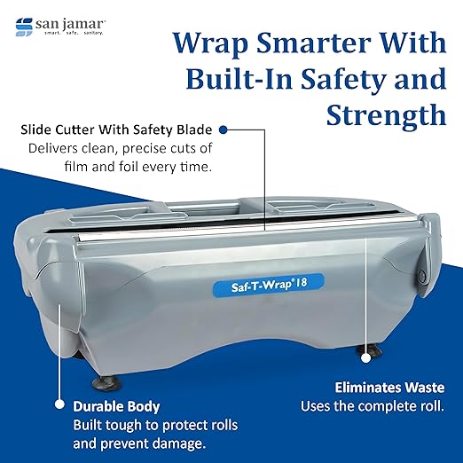 San Jamar Saf-T-Wrap Plastic Wrap and Foil Dispenser for Commercial Kitchens, Bakeries, And Restaurants, Plastic, 18 Inches, Gray