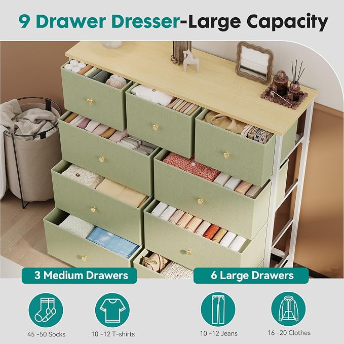 OLIXIS 9 Drawer Storage Dresser with Wood Top - Wide Fabric Chest Organizer for Bedroom, Closet, Living Room,Tower Cabinet, TV Stand, Hallway Entryway Furniture, Light Green