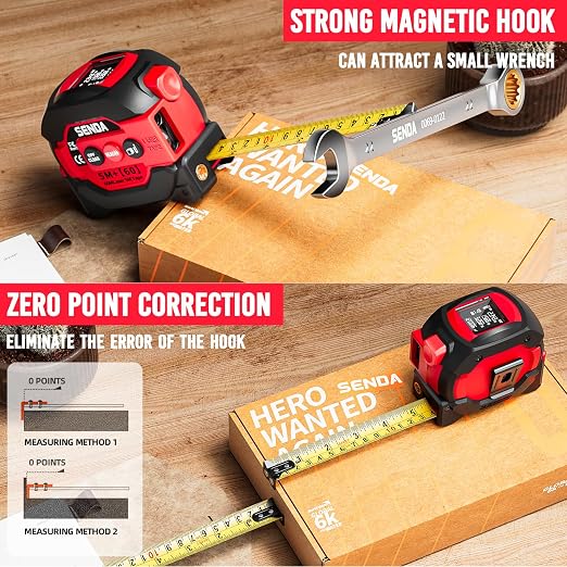 SENDA 3-in-1 Laser Tape Measure - 197Ft Digital Measuring Tape with Led Display&16Ft Measuring Tool with Magnetic Hook & Auto Lock - Pythagorean, Area, Volume, Ft/Ft+in/in/M Unit, AAA Battery*2, Red