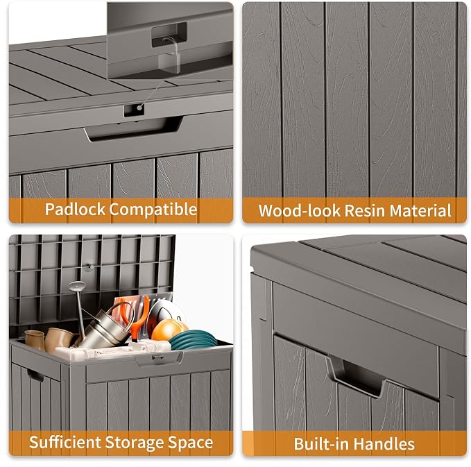 DRATO 35 Gallon Outdoor Storage Box Waterproof, Lockable Resin Deck Box for Patio Furniture, Pool Supplies & Garden Tools, Weatherproof Outside Storage Bin for Backyard Porch (Grey, 35 Gallon)
