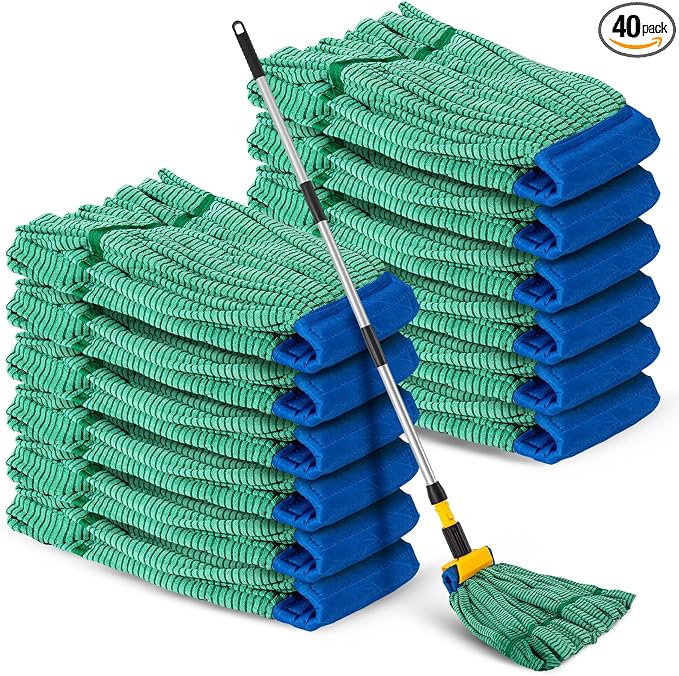 Hushee 40 Pack Large Microfiber Tube Mop Heads 18 oz Heavy Duty Commercial Industrial Wet Mop Head Refill Reusable Machine Washable Looped End Mopheads for Hardwood, Tile, Laminate Floors (Green)