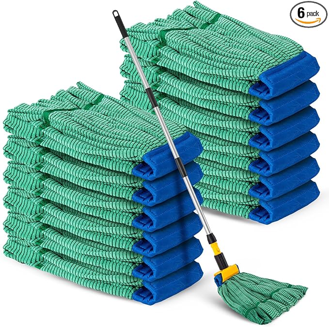 Hushee 6 Pack Large Microfiber Tube Mop Heads 18 oz Heavy Duty Commercial Industrial Wet Mop Head Refill Reusable Machine Washable Looped End Mopheads for Hardwood, Tile, Laminate Floors, Green