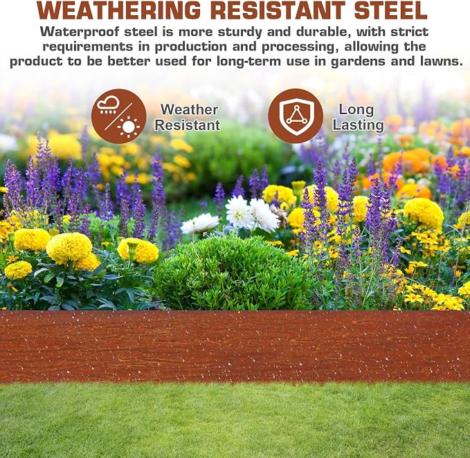 20ft. 42" L × 8" H Corten Steel Landscape Edging, 6 Pack Border | Metal Edging for Landscaping with Buckles, Hammer-in Flexible Lawn Edging, No Dig Edging, Metal Edging for Pathway, Yard