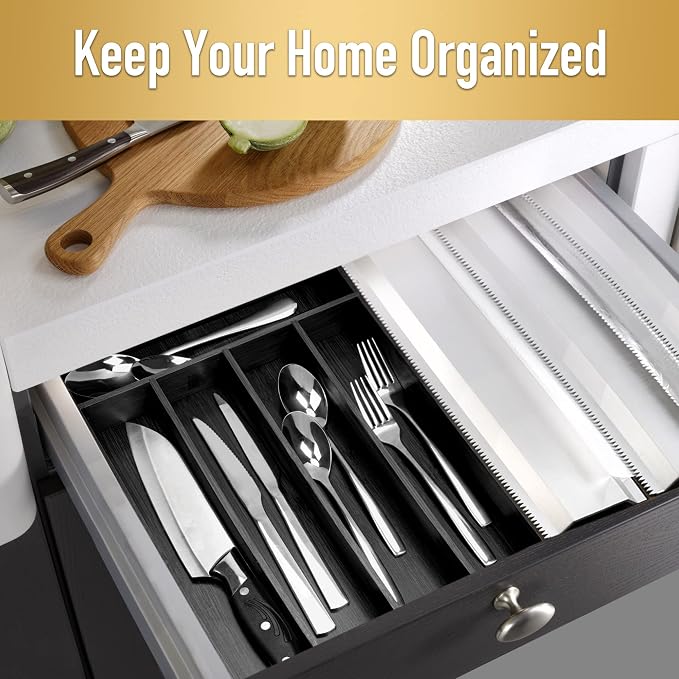 Besilord Bamboo Silverware Holder - Drawer Organizer with 5 Slots (Black)