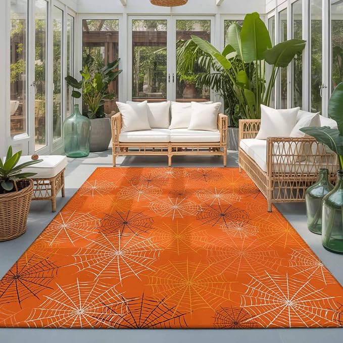 Area Rug 3'x5', Orange Halloween Washable Large Area Rugs for Kitchen Bedroom Laundry Bathroom Office, Black White Net Halloween Non Slip Door Mat Indoor Entryway Floor Accent Throw Carpet