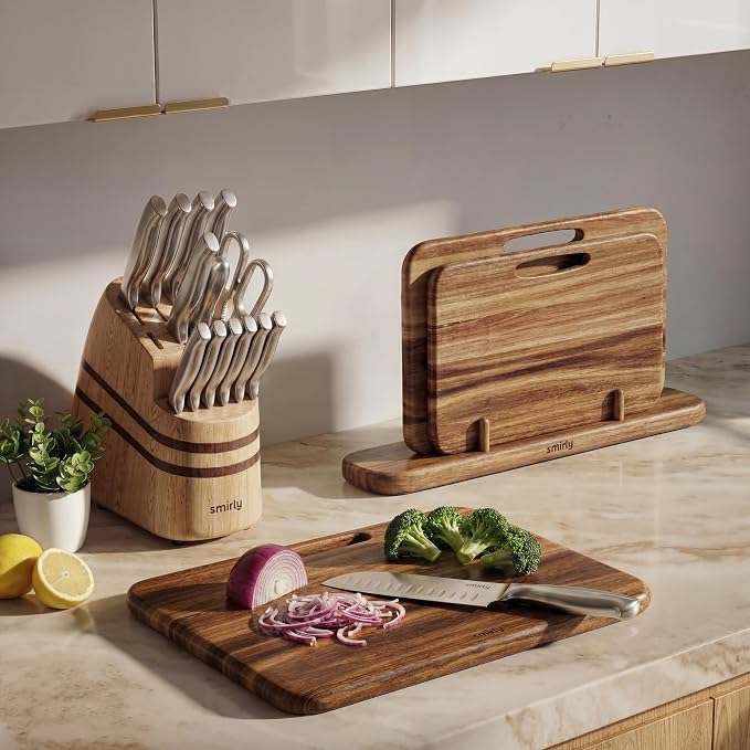 SMIRLY Cutting Boards for Kitchen - 3 Piece Acacia Cutting Board with Stand | Double-Sided Wood Cutting Board, Wooden Cutting Boards Non Toxic for Meat Vegetable Fruit, Food-Grade