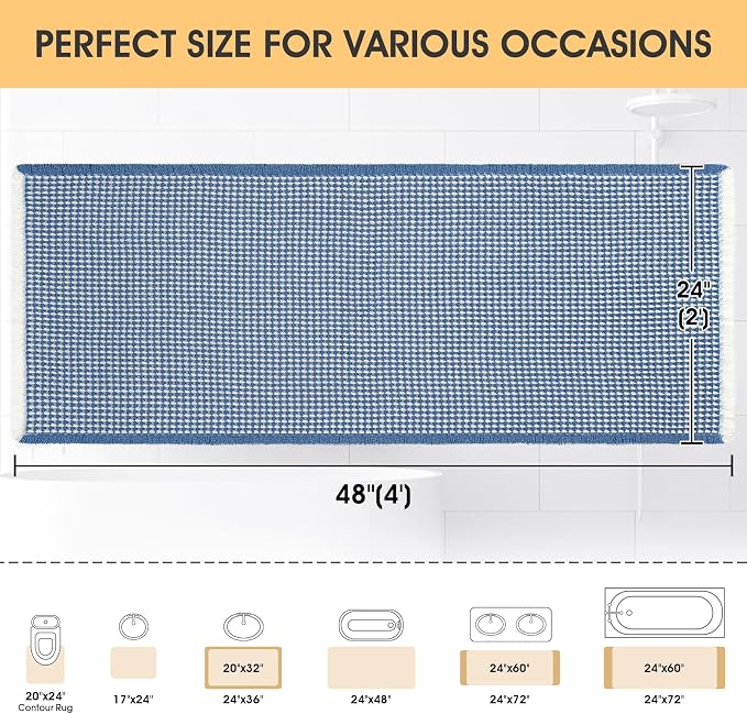 IM HOME Waffle Bath Mat Blue & Cream 4'x2', Boho Woven Modern Bath Mat Rugs, Absorbent Non Slip Bathroom Rugs, Soft Washable Bath Rugs with Tassels for Bathroom, Bedroom, Kitchen, Shower, Tub