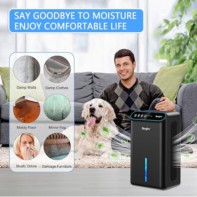 Dehumidifier for Home up to 1000 sq.ft, 98oz Small Quiet Dehumidifier with Drain Hose, 3 Timer Modes, Auto Shut Off, Aromatherapy & 7 Color Light for Bedroom, Bathroom, Basement (Black)