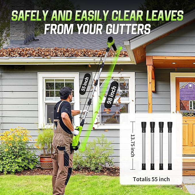 Leaf Blower Cordless, 40V Leaf Blowers with 2 Battery Brushless 300° Rotatable Blower Tube with Adjustable Pole (98inch) 580CFM/180MPH & 2 Speed Gutter Cleaning Tools for Garden，House