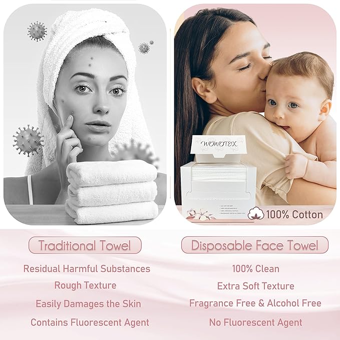 WOWOTEX 100% Cotton Disposable Face Towel 200 Count 10x12 Inch | Biodegradable Thick Soft One Time Use Dry Wipes for Sensitive Skin, Facial Cleaning, Makeup Removal