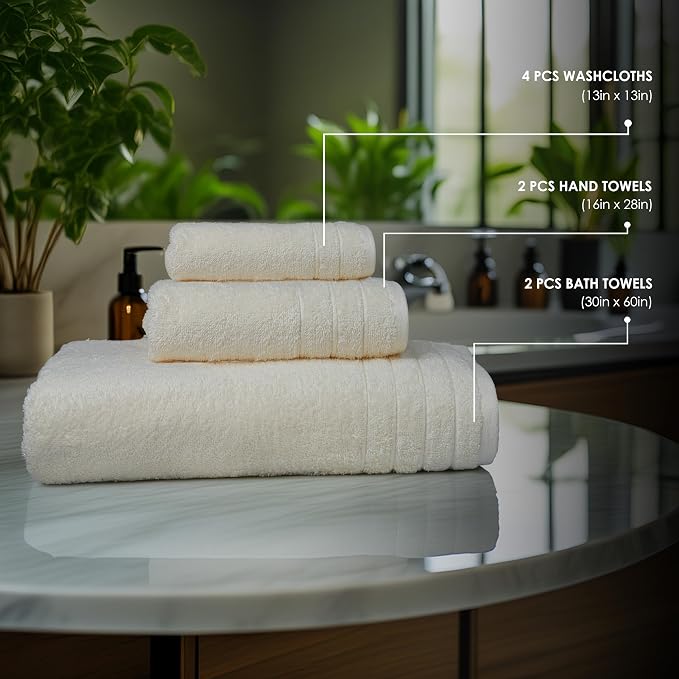 Tens Towels 8 Piece Towel Set, 2 XL Bath, 2 Hand, 4 Washcloth, Cream | 100% Cotton, Lighter Weight, Quicker to Dry, Super Absorbent, Perfect for Bathroom