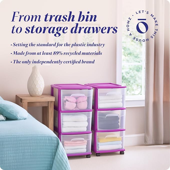 HOMZ 2-Pack Drawer Tower, 3-Tier Clear Plastic Storage Organizer Cart, Purple Frame - Organizing Containers with Wheels for Home, Bathroom, Bedroom, Office, and Classroom