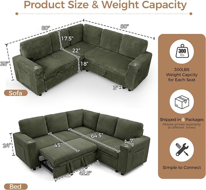 L Shaped Sectional Sleeper Sofa, Pull Out Couch with Storage, Green | Pull Out Bed, 5 Seat Modular Design, Soft Corduroy Fabric, USB Charging, Cup Holders, Removable Covers, Easy Assembly