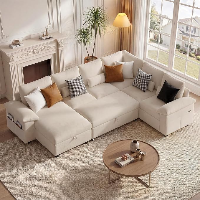 110 Inch Modular Sectional Sleeper Sofa with Pull Out Bed, U Shaped 7 Seat Cloud Modular Sectional Sofa with Storage, Chenille Sectional Couches for Living Room, Removable Sofa Cover, Beige