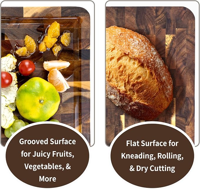 Utoplike Acacia Cutting Board 17 x 12 in, Chopping Boards with Juice Groove | Wood End Grain Reversible Butcher Block with Handles for Meat, Vegetables, Bread, 1.38"Th