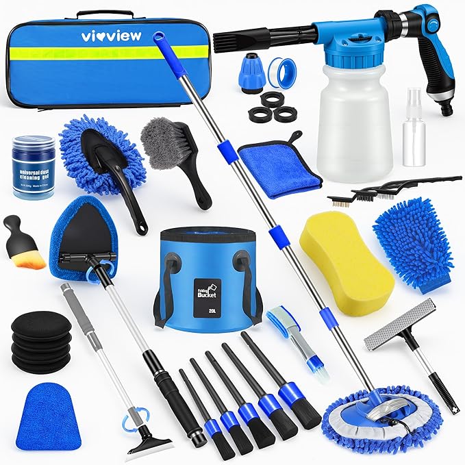 36Pcs Blue Car Wash Detailing Kit，Car Cleaning Set with Foam Gun Sprayer，Long-Handle Brush Mop，Large Collapsible Bucket，Complete Car Wash Supply Gift for Men and Women