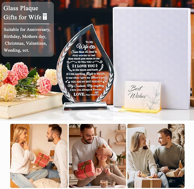 QIANWEI Mothers Day Gifts for Wife from Husband Laser Engraved Glass Plaque, Romantic Birthday Wedding Anniversary Christmas Valentines Present for Women