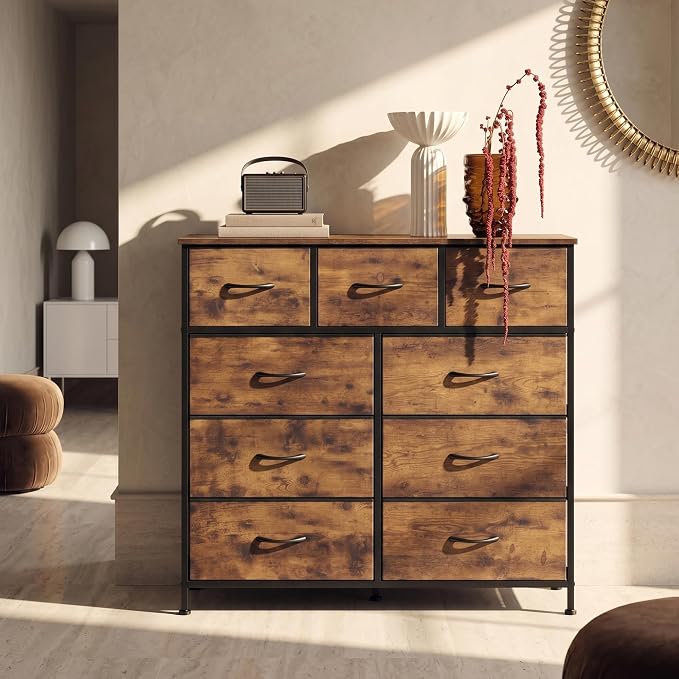 WLIVE 9-Drawer Dresser, Fabric Storage Tower for Bedroom, Hallway, Entryway, Closet, Tall Chest Organizer Unit with Fabric Bins, Steel Frame, Wood Top, Easy Pull Handle, Rustic Brown Wood Grain Print