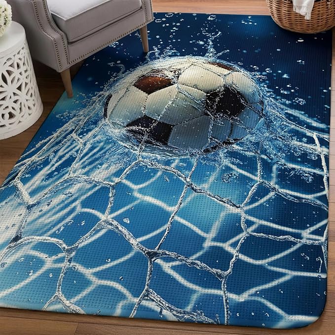 Soccer Ball Washable Area Rugs for Living Room Bedroom, Large Non Slip Indoor Floor Carpet Absorbent Low Pile Wet Net Power Shot Blue Football Door Mat Rugs for Bathroom Entryway 63"x78.7"