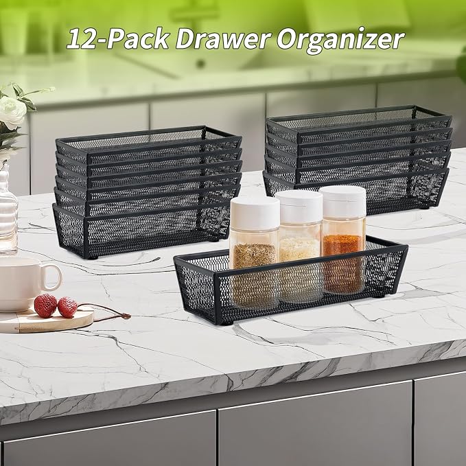 Neudeco Silverware Organizer, Black, 9 x 3 x 2 inch, Pack of 12 | Mesh Drawer Organizer, Metal Construction, For Kitchen Utensils & Flatware, Multi-Purpose Use