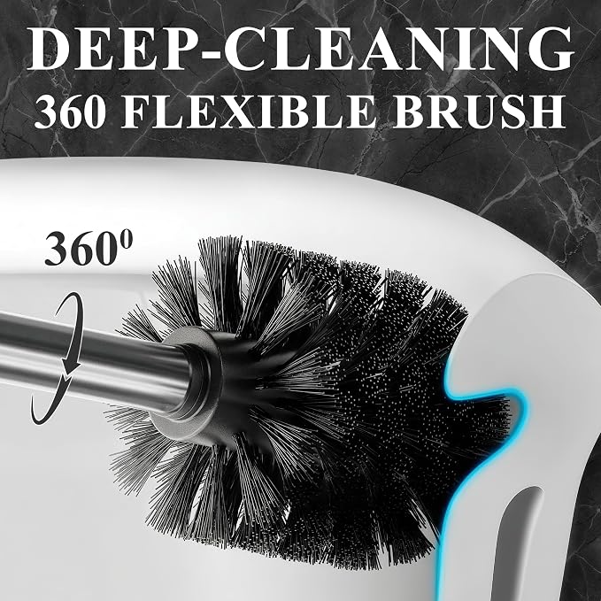 Toilet Brush with Square Holder - Toilet Brush and Holder Set Silver, Stainless Steel Handle with Splash Shield, Replaceable Head and Removable Inner Cup - Freestanding Bathroom Toilet Cleaning Set