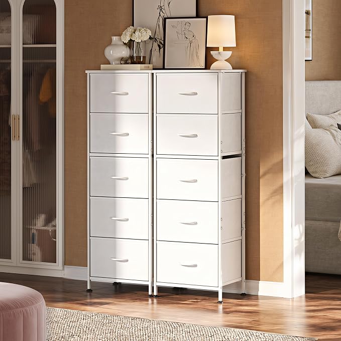 WLIVE Fabric Dresser, 5-Drawer Tall Dressers for Bedroom, Storage Dresser Organizer with Fabric Bins, Wood Top, Sturdy Steel Frame, Chest of Drawers for Closet, Hallway, White