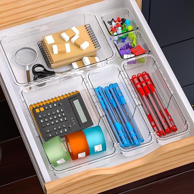 25 Pcs Clear Drawer Organizer, Adjustable Drawer Storage Box, 3-Size Desk Drawer Organizer, Acrylic Storage Bins for Makeup, Cosmetic, Kitchen Utensils, Bedroom Dressers Tool Organizer for Gadgets