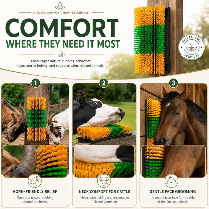 Livestock Scratching Brush 4 Pack for Itchy Coats, Goat and Horse Scratcher for Cows, Horses, Goats, Pigs and Donkeys, Mounts on Posts, Fences, Stalls and Tree Stumps