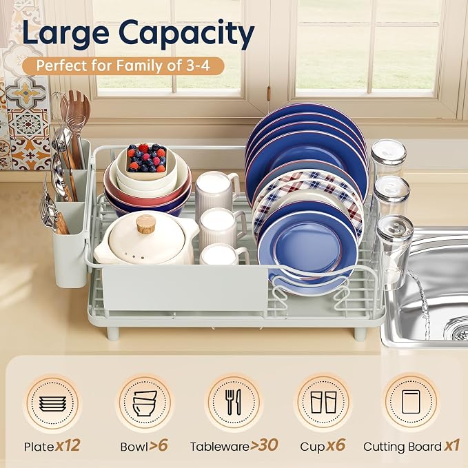 KINGRACK Dish Drying Rack for Kitchen Counter, Dish Drainer with Cup Holder | 16.9"L x 12.4" W Dish Rack with Spacious Drying Capacity, Quick Auto Dish Drainer for Plate Dish Dinnerware, Pale Green