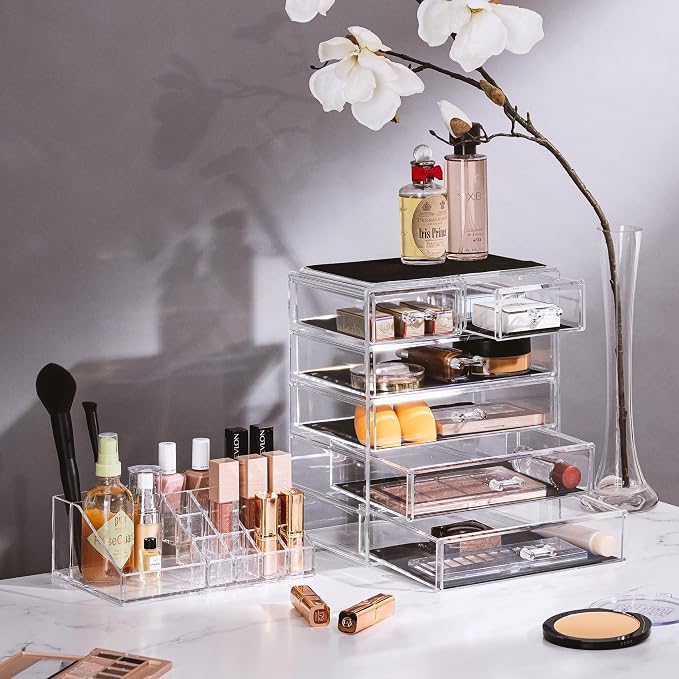 Sorbus Acrylic Makeup Organizer Set, 6-Drawer Vanity & Countertop Cosmetic Storage with Small & Wide Compartments, Clear Makeup Storage for Brushes, Jewelry – Holiday Gift for Women & Teens
