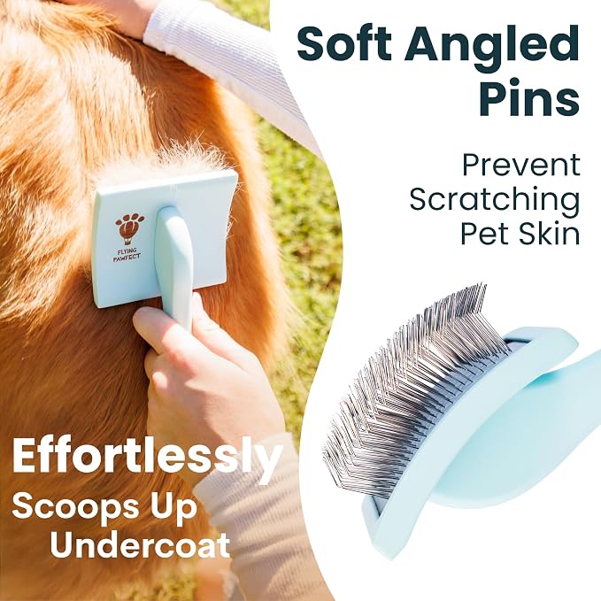 Pet Slicker Brush With Soft Massage Grooming Stainless Steel Pins - For Dematting, Shedding Fur, and Undercoat - Ideal Gift for Professional Pet Groomers - Long Slicker Brush (Blue, Curved Medium)
