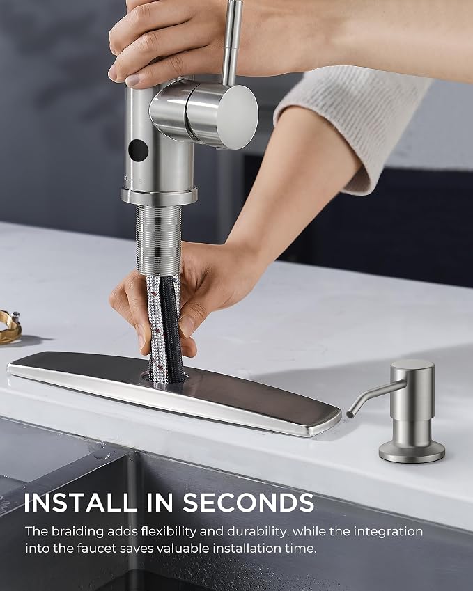 FORIOUS Touchless Kitchen Faucet with Soap Dispenser, Brushed Nickel, Hands-Free, Smart Motion Sensor Contemporary Bar Sink Faucet with Pull Down Sprayer for Farmhouse RV Camper