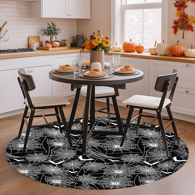 8 Ft Round Rug for Large Living Room, Halloween Indoor Accent Rugs for Apartment, Black Scary White Bat Animal Net Geometric Decorative Circle Carpet Washable Low Pile Non Slip, Rug for Bedroom/Office