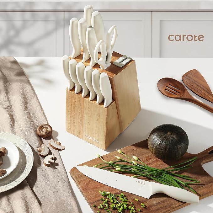 CAROTE 15-Piece Knife Set, Wood Block with Built-In Sharpener, Cream | Stainless Steel Knives, Ceramic Nonstick Coating, Long-Lasting Sharpness, Rust-Resistant, Non-Slip Handles, Dishwasher Safe